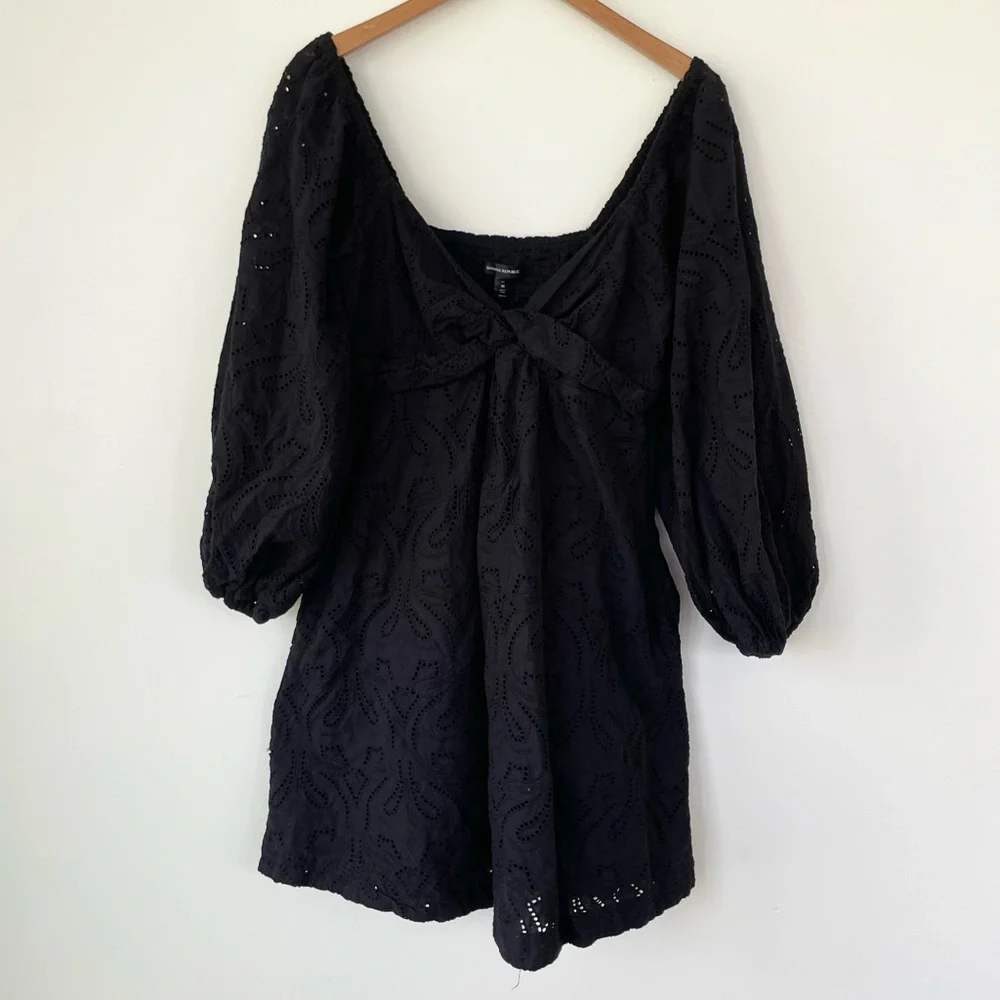 Banana Republic Eyelet Twist Mini Dress MT Med Tall Black Puff Sleeve Babydoll